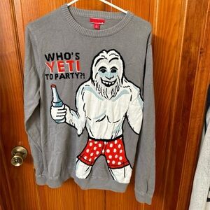 Ugly Christmas Sweater Men Size M Gray Who's Yeti To Party Graphic Casual Party